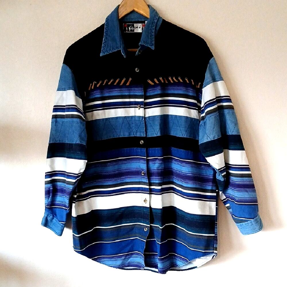 Vintage Kikomo Striped Southwestern Denim Button Up Shirt